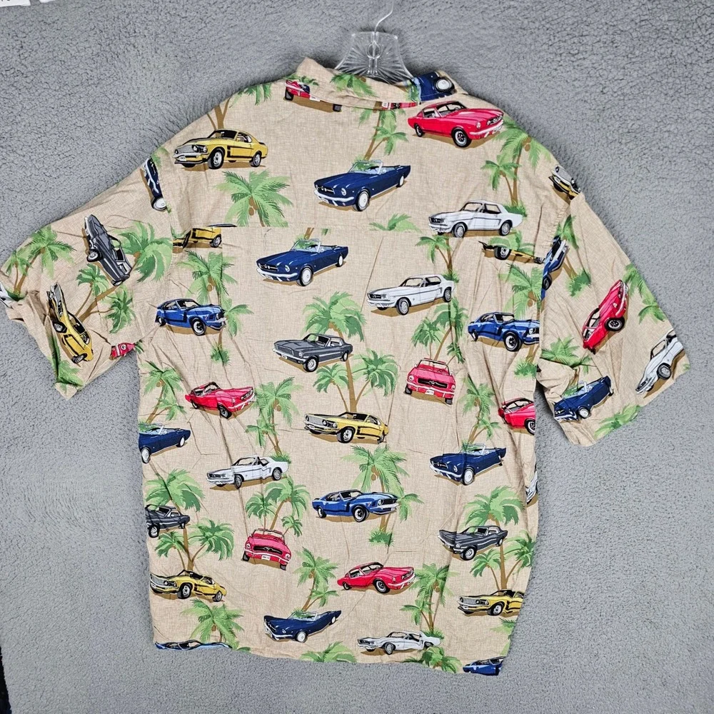 David Carey Shirt Men 3X Tan Ford Mustang Palm Tree Camp Button Up Aloha Classic